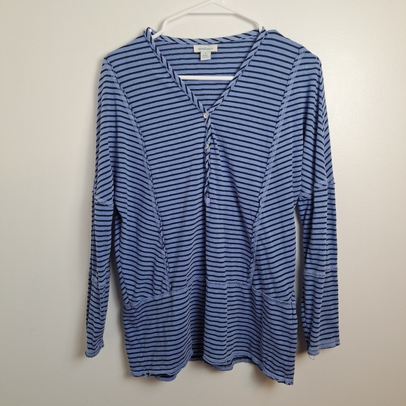 Sundance Blue Black Striped Exposed Seam Casual Cotton Henley Shirt Size Small - Picture 1 of 5